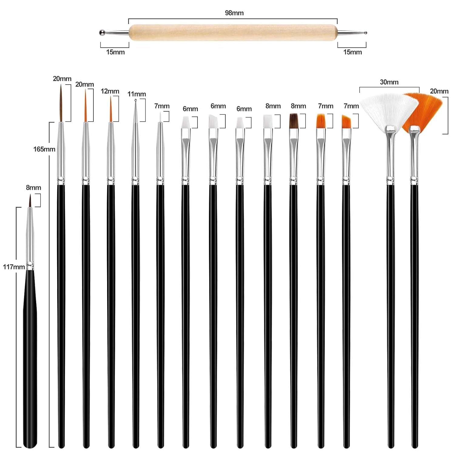 Hanyousheng 20 Stück Nagel Pinsel Set, 15 Stück Nageldesign Pinsel, 5 Stück Nail Art Dotting Tools Für DIY Nail Art Design