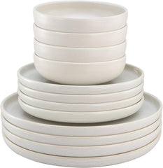 CreaTable, 33065, seria Uno alb-gălbui, set de veselă cu 12 piese, set de farfurii din gresie, potrivit pentru mașina de spălat vase și cuptorul cu microunde, fabricat în Portugalia