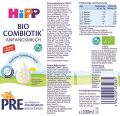 HiPP PRE Organiczna formuła kombiotyczna gotowa do spożycia (6 x 200 ml) Mleko dla niemowląt od urodzenia Zawiera wyłącznie laktozę jako węglowodany Best Organic