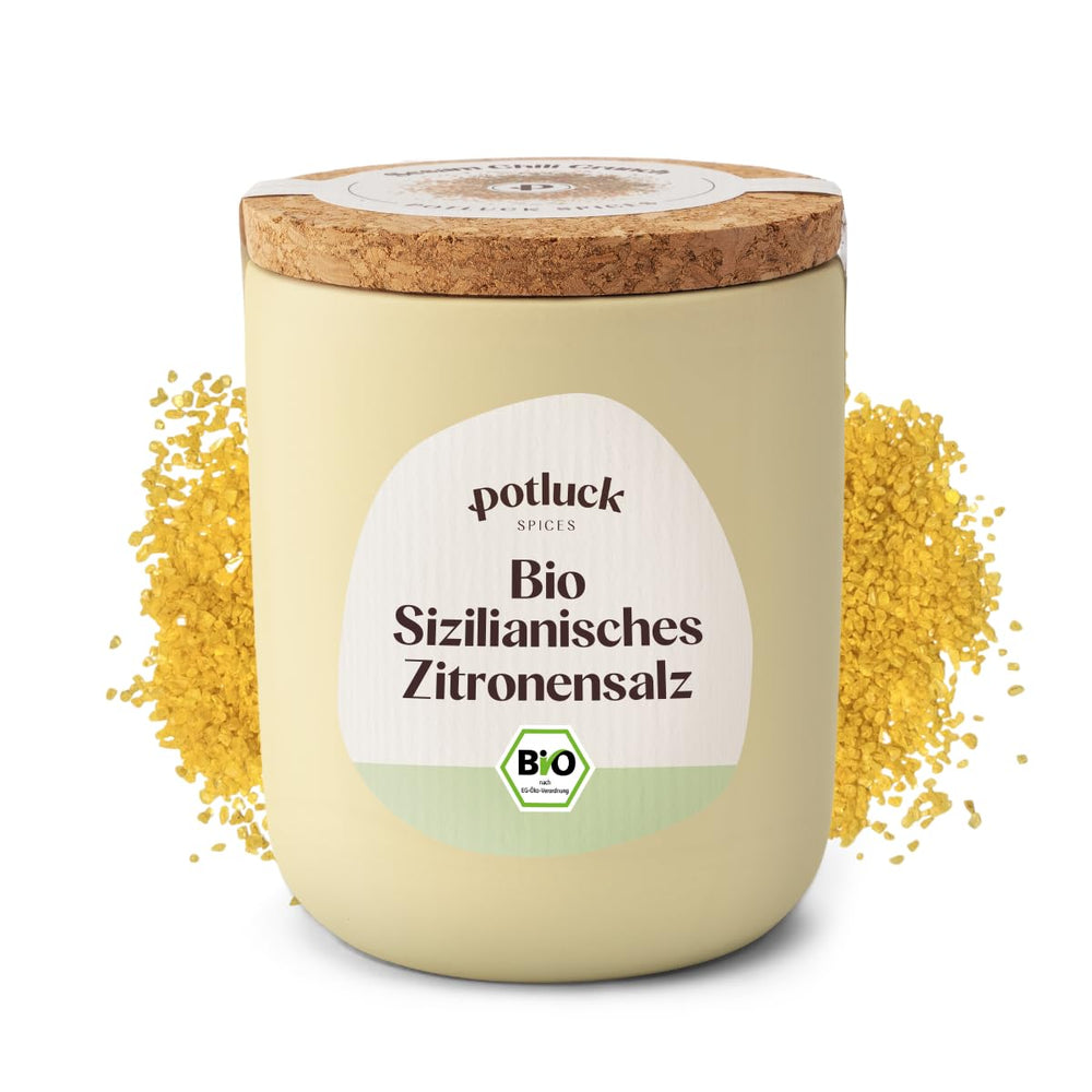 Potluk | Bio Sizilianisches Zitronensalz | Gewürzsalz für Fisch, Meeresfrüchte, Gemüse, Sałatki i Sosy | 140g w Keramiktopf