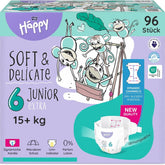 Pieluchy Bella Baby Happy Premium, rozmiar 6, Junior Extra, 15+ kg, 96 sztuk, pieczęć DERMATEST i OEKO-TEX, pieluchy jednorazowe