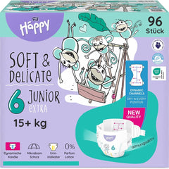 Pieluchy Bella Baby Happy Premium, rozmiar 6, Junior Extra, 15+ kg, 96 sztuk, pieczęć DERMATEST i OEKO-TEX, pieluchy jednorazowe