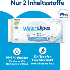 WaterWipes Sensitive+ Chusteczki nawilżane dla noworodków i dzieci, 720 sztuk (12 szt.), 3 w 1 czyszczenie, pielęgnacja, ochrona, 99,9% wody, bezzapachowy