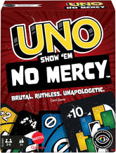 Mattel UNO Show „em No Mercy – 56 dodatkowych kart, wymagające karty akcji i brutalne zasady gry w najbardziej bezlitosnej wersji, zasady układania i wymiana rąk, wiek 7+, HWV18