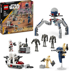 LEGO Star Wars 75372 Zestaw bojowy żołnierza klonów i droida bojowego, zawiera zestaw bojowy 4 minifigurki, 5 droidów i ścigacz ze strzelcem — zabawka do budowania dla chłopców i dziewcząt w wieku od 7 lat Zestawy do budowania Zestaw bojowy w sklepie LEGO