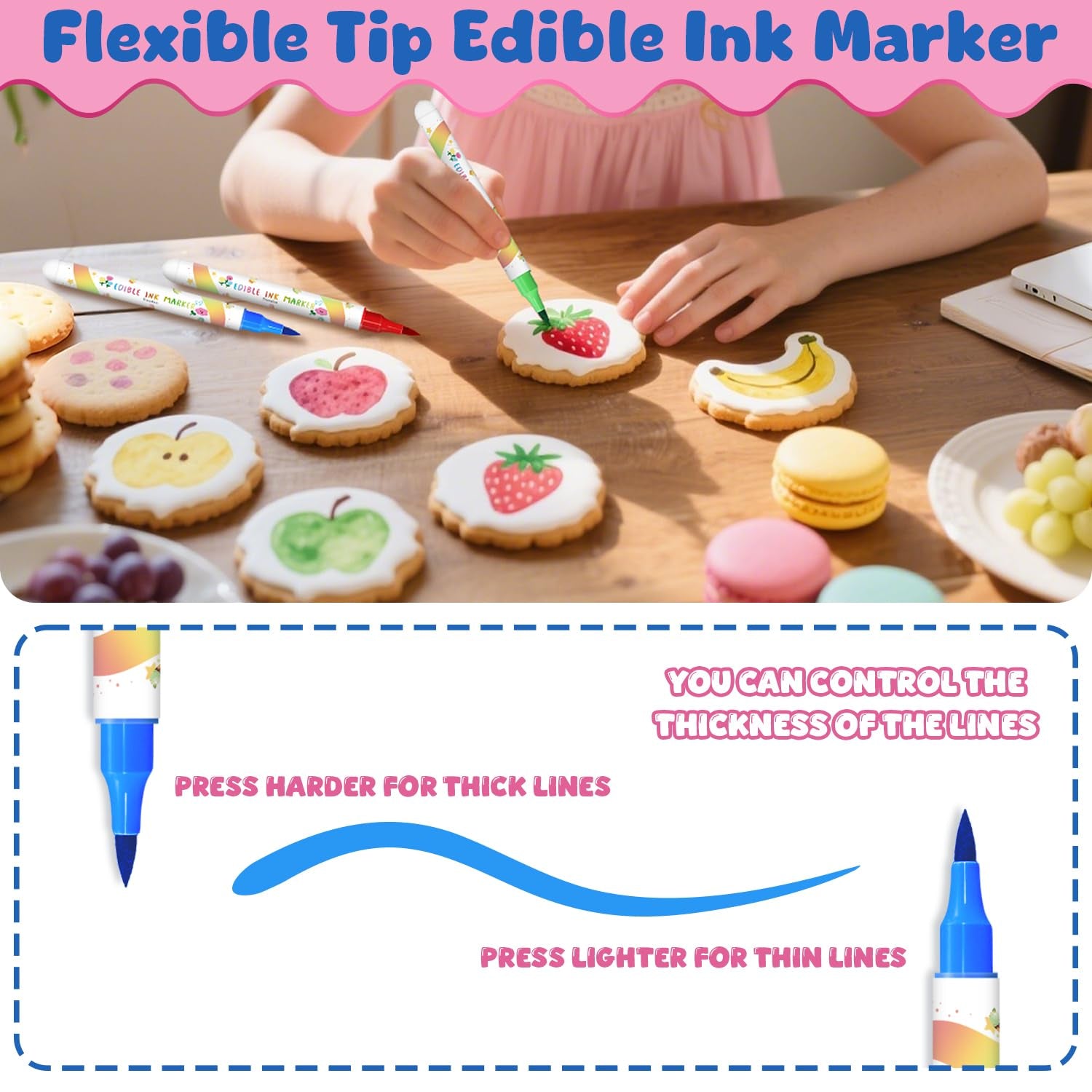 Pixuri colorante alimentare, 8 bucăți de pixuri alimentare cu vârfuri moi pentru linii groase și subțiri, pixuri alimentare pentru copt, pixuri comestibile pentru prăjituri, fursecuri, fondant, alimente