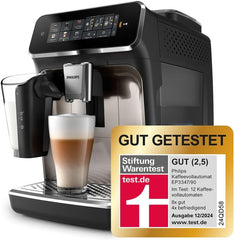Espressor automat PHILIPS seria 3300 - 6 băuturi, ecran tactil color modern, sistem de preparare a laptelui LatteGo, SilentBrew, râșniță 100% ceramică, filtru AquaClean. Crom negru (EP3347/90)