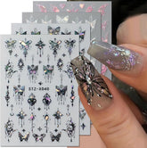 3D Metallic Schwarz Schmetterling Nagelsticker - Laser Pink Aurora Nagelaufkleber - Punk Butterfly Nail Art Stickers - Silver Nail Sticker - Nageldesign Zubehör