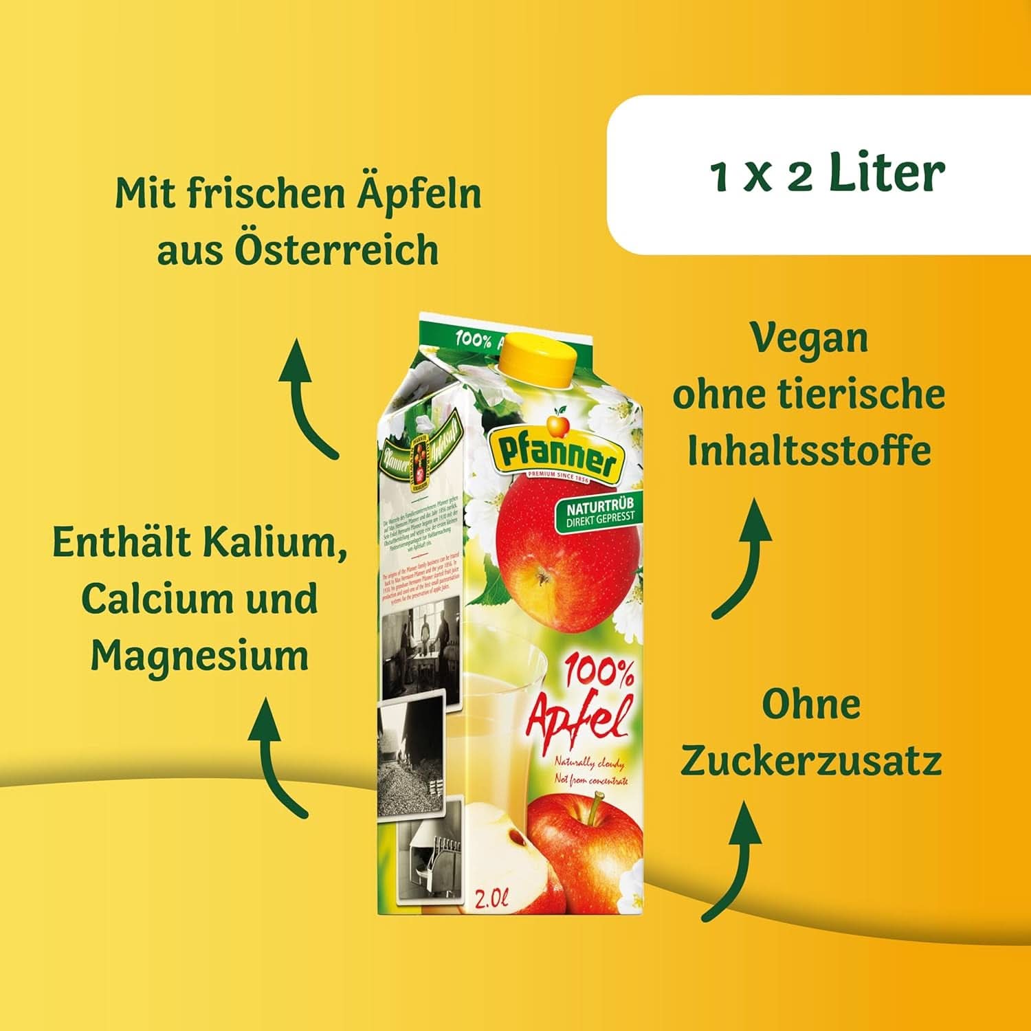 Pfanner 100% suc de mere tulbure natural (1 x 2 litri) - Mere presate direct - Suc de fructe fără adaos de zahăr Bauturi fara alcool Naty Shop
