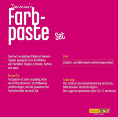 Set de 6 paste de culoare Decocino – 6 x 20 g – Colorant alimentar în roșu, roz, verde, galben, albastru și negru, ideal pentru colorarea prăjiturilor, fondantului și cremelor – Fără azoici și fără gluten