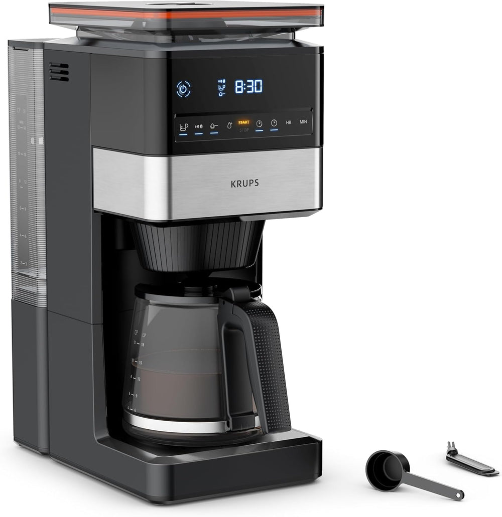 Espressor KRUPS Grind Aroma XL, râșniță conică detașabilă, panou de control digital, capacitate XL (1,5 l), funcție de menținere la cald, carafă din sticlă, negru/oțel inoxidabil, KM842810