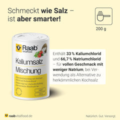 Raab Vitalfood Kalium salt-Mischung, Mineralsalzmischung mit 66,7% Natriumchlorid (Kochsalz) i 33% Kaliumchlorid, Kalium trägt zur Aufrechterhaltung eines normalen Blutdruck bei (1 x 200 g dawka)