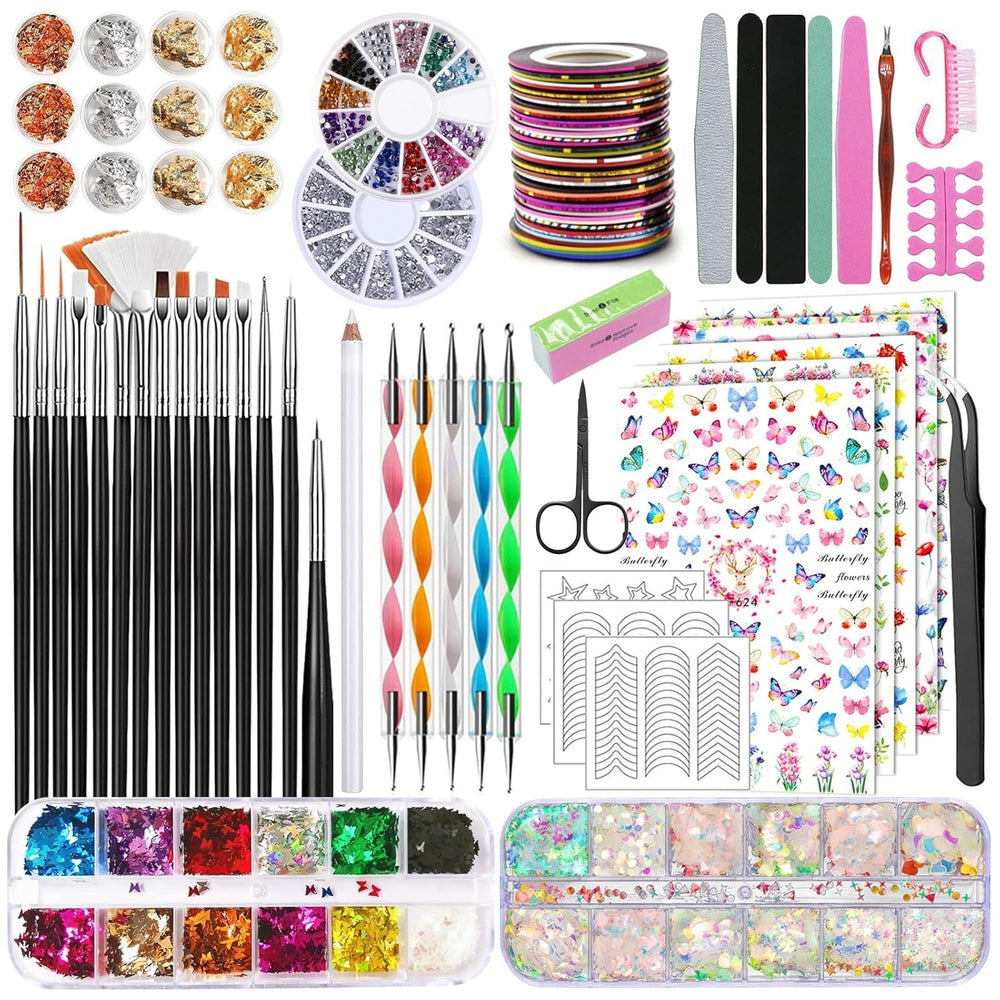 Nail Art Pinsel Und Dekorationen Set,Nail Art Dekoration Zubehör Set,15 Pcs Pinsel,5 Blätter Nagelsticker,5 Pcs Dotted Pen,Strasssteine Nägel,Ultra Dünn Nagel Pailletten Für Nagelkunst Maniküre