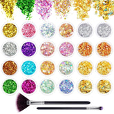 24 Farben Glitzer Set Mit Blattgold Und Glitzerpulver, Nageldesign Zubehör Pailletten Basteln Nail Art Glitter Mit Pinsel Für Nägel Gesicht Körper DIY Nagelkunst Make Up