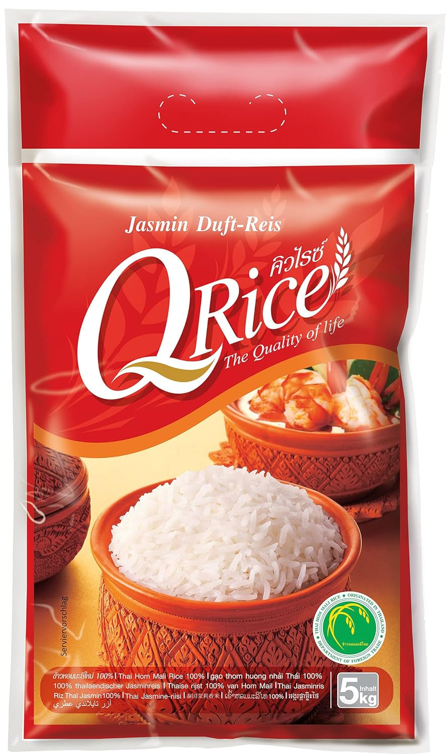 Q RICE – 100% ryż jaśminowy długoziarnisty z Tajlandii - pachnący i aromatyczny o lekko lepkiej konsystencji - idealny do curry, misek i dań azjatyckich - 1 x 5 kg