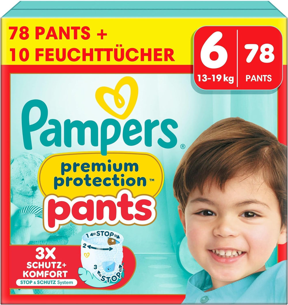Pampers Premium Protection Pants Größe 6, 78 Windeln, 13kg-19kg, Mit 360° Fitform, 2x breiteren Bundchen als vorher für Komfort & Schutz + 10 Stück Pampers Aqua Baby-Weuchttücher entalten