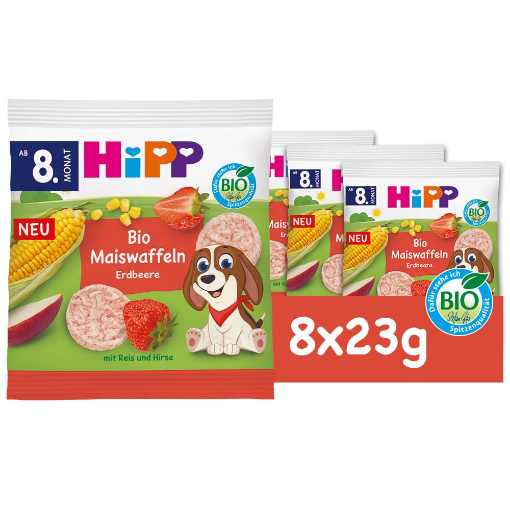 HiPP Vafe Organice din Porumb cu Căpșuni (8 x 23 g), gustare pentru bebeluși de la 8 luni, îndulcită doar cu fructe și legume, fără gluten, de cea mai bună calitate organică
