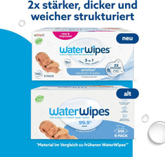 WaterWipes Sensitive+ Chusteczki nawilżane dla noworodków i niemowląt, 540 sztuk (9 opakowań), 3 w 1 czyszczenie, pielęgnacja, ochrona, 99,9% wody, bez substancji zapachowych