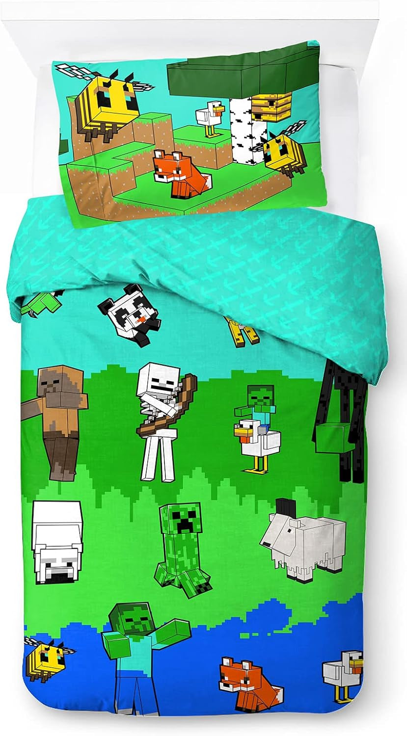 Set de lenjerie de pat pentru copii, desene animate si super eroi, bumbac Lenjerie de pat - copii Naty Shop Multicolor - Minecraft Pat single