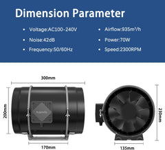 Aygrochy 200 mm 70 W regulowany wentylator kanałowy Wentylator wyciągowy z silnikiem EC do ogrzewania, chłodzenia, wzmacniaczy, namiotów do uprawy, hydroponiki, gospodarstwa domowego, wentylacji i dmuchawy wyciągowej.