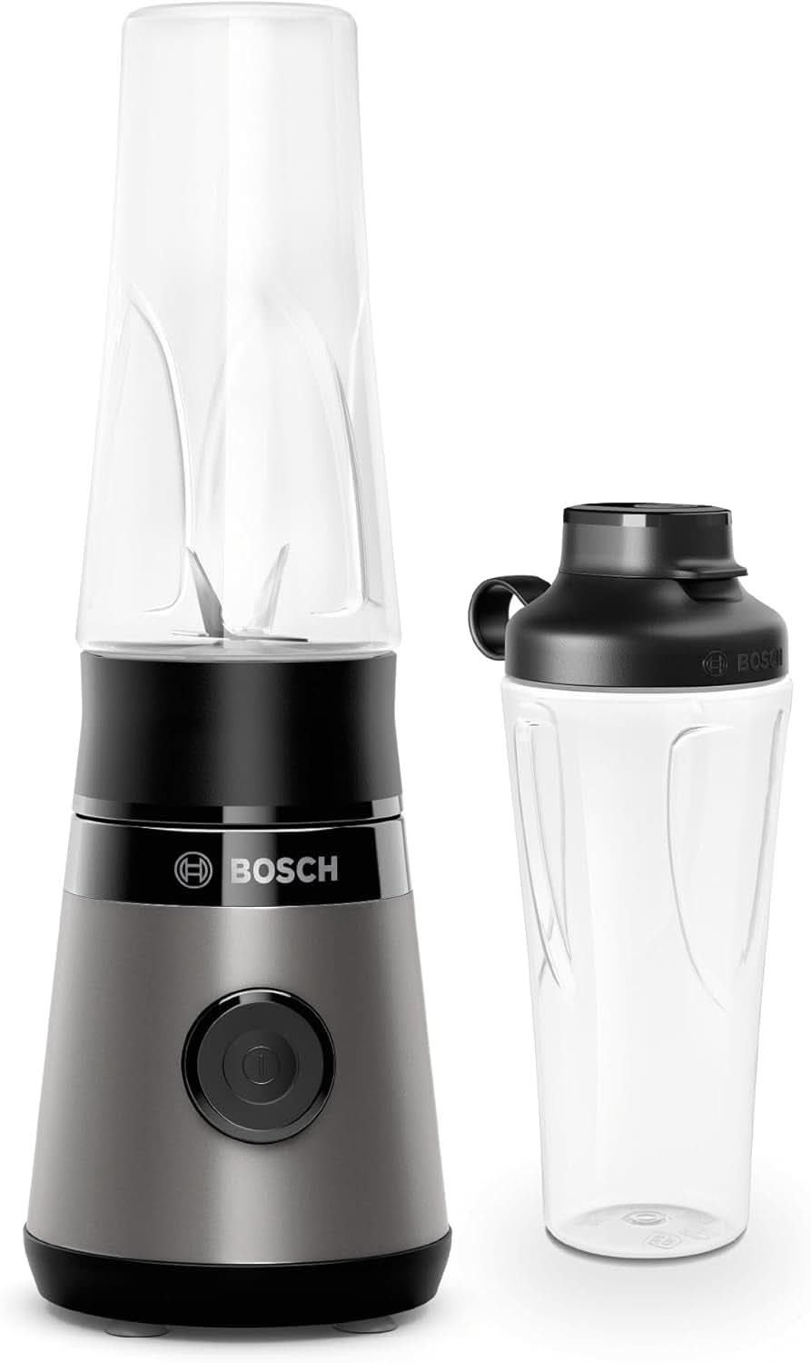 Bosch Mini-mikser stojący Vitapower Serie 2 MMB2111S, mikser wysokoobrotowy, Bis Zu 40 000 obr./min, Tritan Togo-Flasche 0,6 l, Trinkdeckel, Bruchsicher, Spülmasch.Geeignete Teile, 450W, Silber/Schwarz Kitchen Naty Shop Single Schwarz