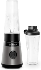 Bosch Mini-mikser stojący Vitapower Serie 2 MMB2111S, mikser wysokoobrotowy, Bis Zu 40 000 obr./min, Tritan Togo-Flasche 0,6 l, Trinkdeckel, Bruchsicher, Spülmasch.Geeignete Teile, 450W, Silber/Schwarz Kitchen Naty Shop Single Schwarz