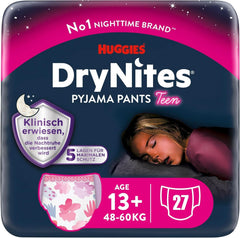 Pieluszki nocne Huggies Drynites dla dziewczynki od 13 do około 17 lat (48-60 kg), 27 sztuk (3X9), pakiet miesięczny Matka i Dziecko Naty Shop