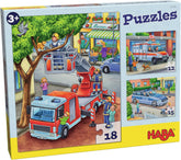 HABA Fire Brigade Puzzle - Set de 3 piese pentru copii cu vârsta de 3 ani și peste, puzzle din carton cu motive de poliție și ambulanță - Promovează abilitățile motorii fine și concentrarea - 1302759001 Puzzle Naty Shop Titlu implicit