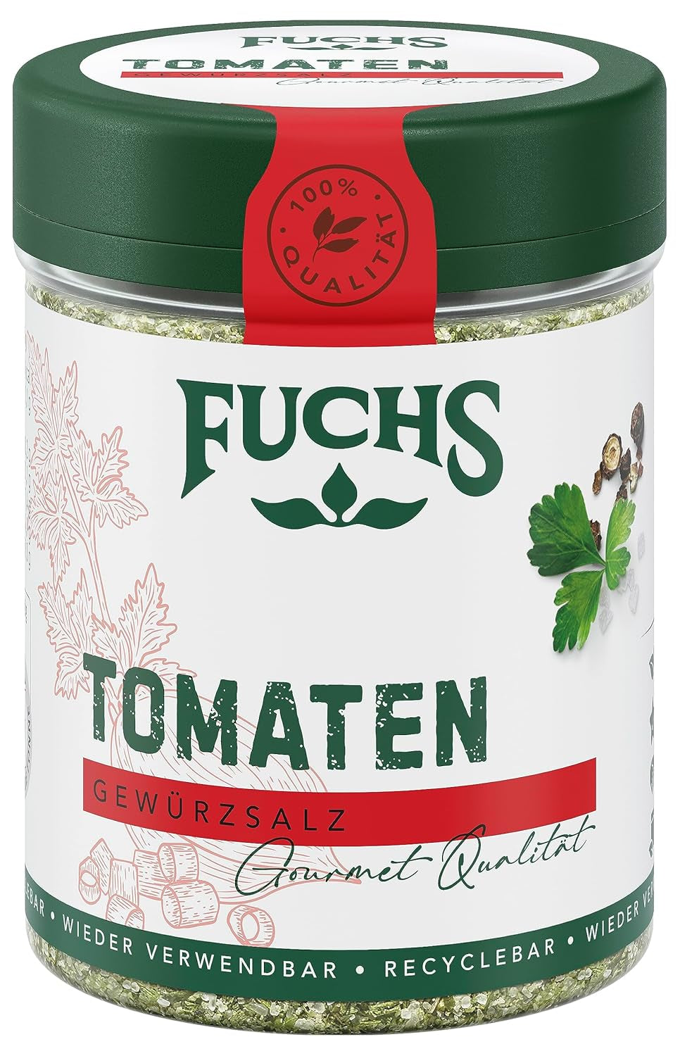 Fuchs Gewürze - Tomato Gewürz - Gewürzsalz für Tomatenbrot, Frühstücksei oder Steak - naturalne składniki - 90 g w wiederverwendbarer, recyclebarer Dawka
