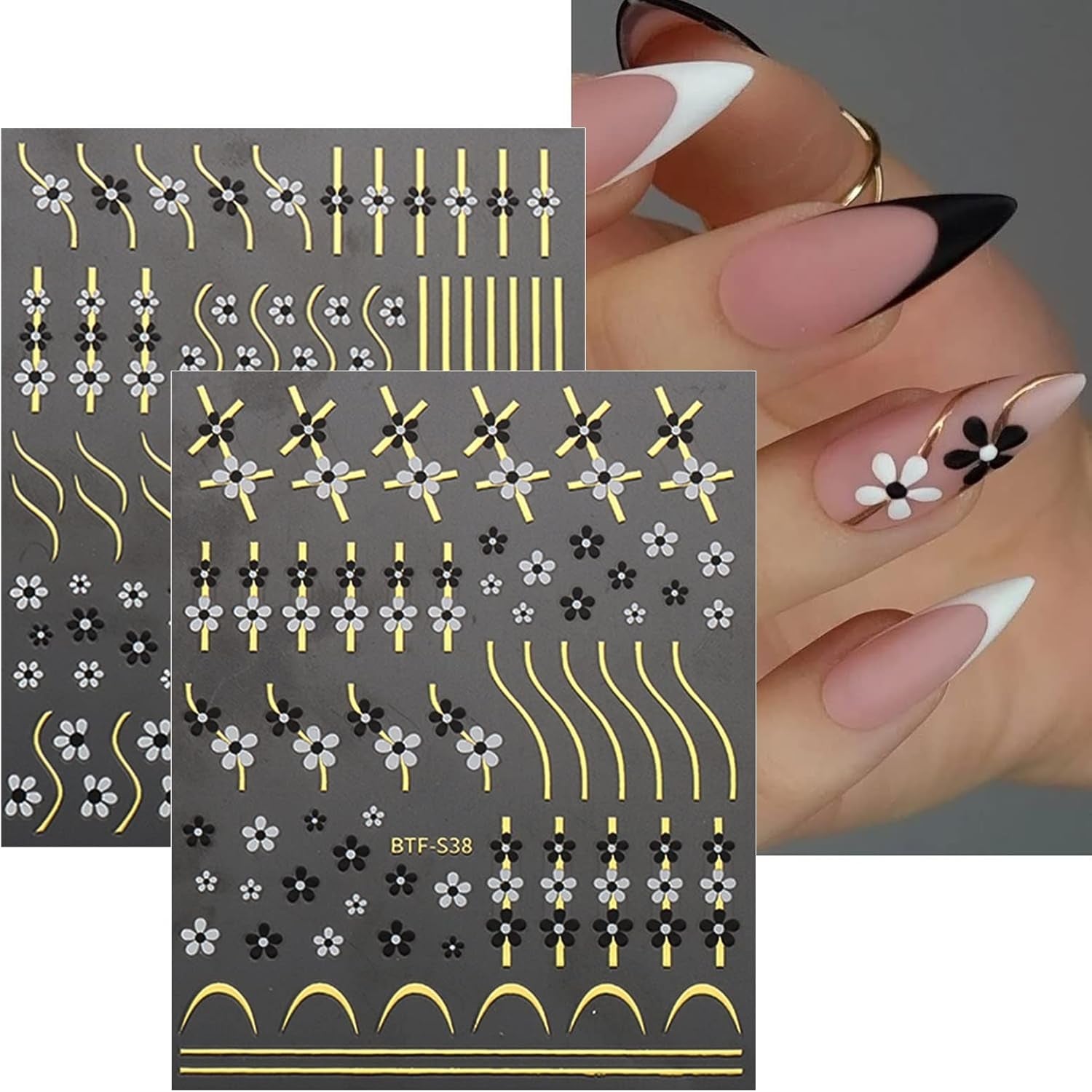 JMEOWIO Nagelsticker Herz Linien Blumen 9 Blatt Nail Art Sticker Selbstklebend Nagelaufkleber Bunte Dekoration Nageldesign Zubehör