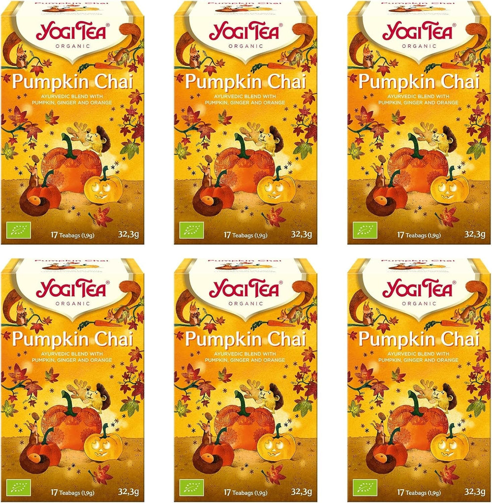 Yogi Tea - Pumpkin Chai, ceai ayurvedic organic cu mirodenii și plante, fără cofeină din natură, amestec de dovleac, ghimbir și portocală, Yogi Tea pachet de 6, 6X17 pliculețe (102 pliculețe de ceai în total)