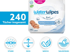 WaterWipes Sensitive+ Chusteczki nawilżane dla noworodków i dzieci, 240 szt. (4 szt.) 3 w 1 Czyszczenie, pielęgnacja, ochrona, 99,9% wody, bezzapachowy