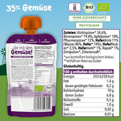 Pumpkin Organics Bio Gemüse-Getreide-Quetschie Kürbis, Birne, Apfel, Pflaume, Hafer ohne Zuckerzusatz¹ - ab 8 Monaten - als Snack lub Beikost für unterwegs (100g)