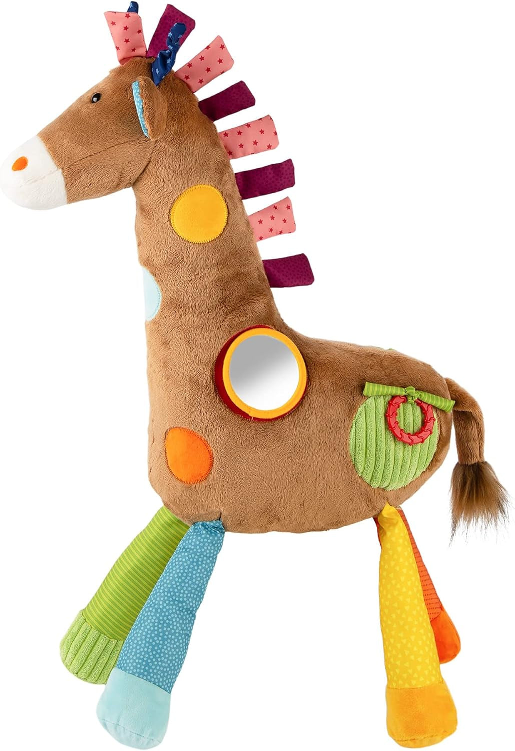 SIGIKID 42863 Jucărie pentru bebeluși girafă XXL, jucărie educativă PlayQ, jucărie de pluș cu inel de dentiție, zornăitor, oglindă, scârțâitor, pentru bebeluși și copii de la 3 luni, multicoloră/girafă 72 cm Jucarii Bebe Naty Shop