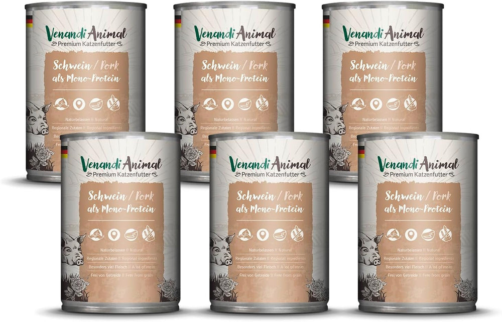 Venandi - Hrană umedă premium pentru pisici - carne de porc ca o singură proteină, 6 x 400g (pachet de 6), fără cereale cu extra carne