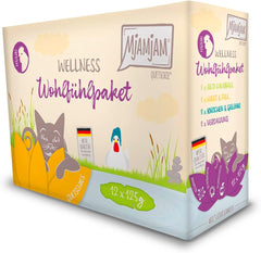MjAMjAM – Hrană umedă premium pentru pisici - Pachet Wellness cu pui, pachet de 12 (12 x 125 g), fără cereale cu carne suplimentară