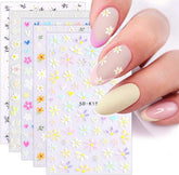 JMEOWIO 3D Nagelsticker Frühling Blumen 5 Blatt Nagelaufkleber 5D Stereoskopisch Selbstklebend Bunte Blüte Nail Art Sticker Dekoration Nageldesign Zubehör