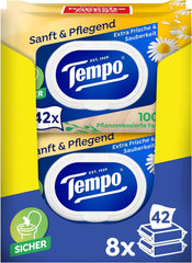 Șervețele umede de toaletă Tempo "Gentle & Caring" - Megapack - 16 pachete a câte 42 de șervețele - Duo Packs - cu mușețel natural - hârtie igienică, testată dermatologic și neutră față de Ph-ul pielii