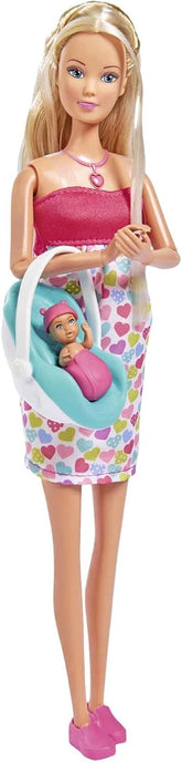 Simba 105733480 - Steffi Love Babyglück, Schwangere Puppe mit Baby und tollen Sounds, Babyzubehör und Babyschale