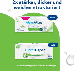 WaterWipes Sensitive+ Hydrating Boost Chusteczki nawilżane, Chusteczki nawilżające, 360 sztuk (6 szt.), 3 w 1 Czyszczenie, pielęgnacja, nawilżanie, 99% wody z aloesu, bezzapachowe chusteczki dla dzieci