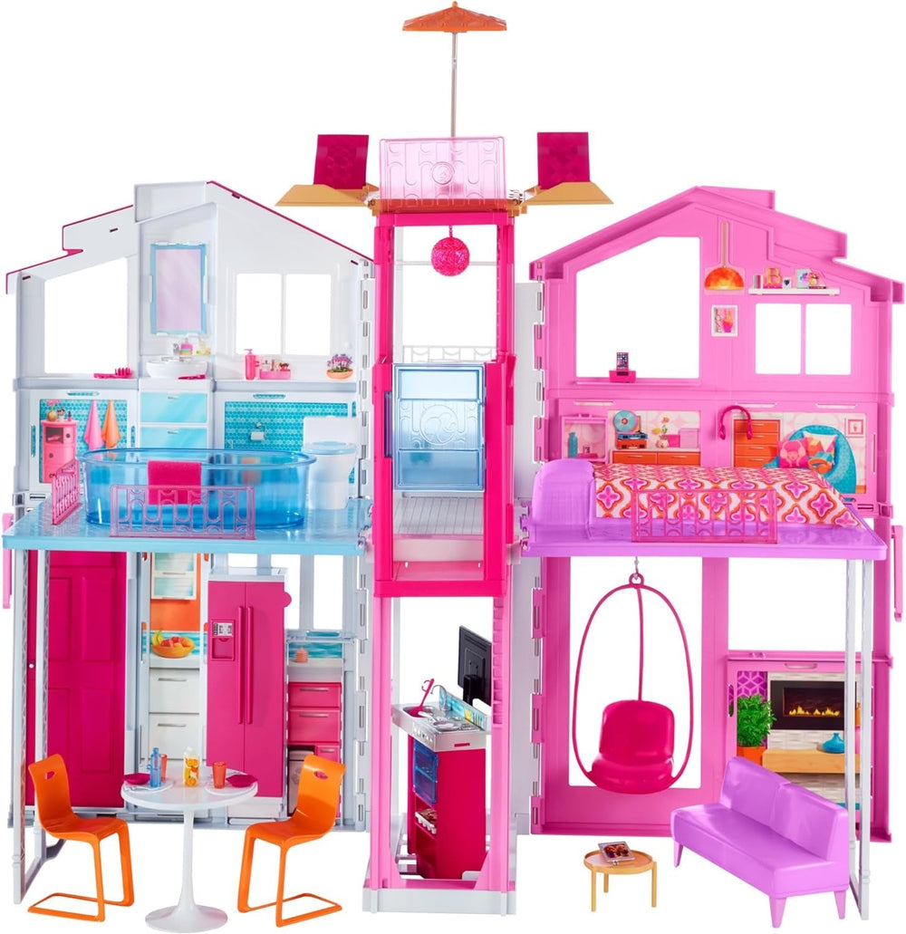 Barbie House Dream Villa, casă de oraș cu 3 etaje și 5 camere, inclusiv accesorii precum mobilier, pliabilă și depozitabilă, jucării de la 3 ani, DLY32 Casute de papusi Naty Shop Modern