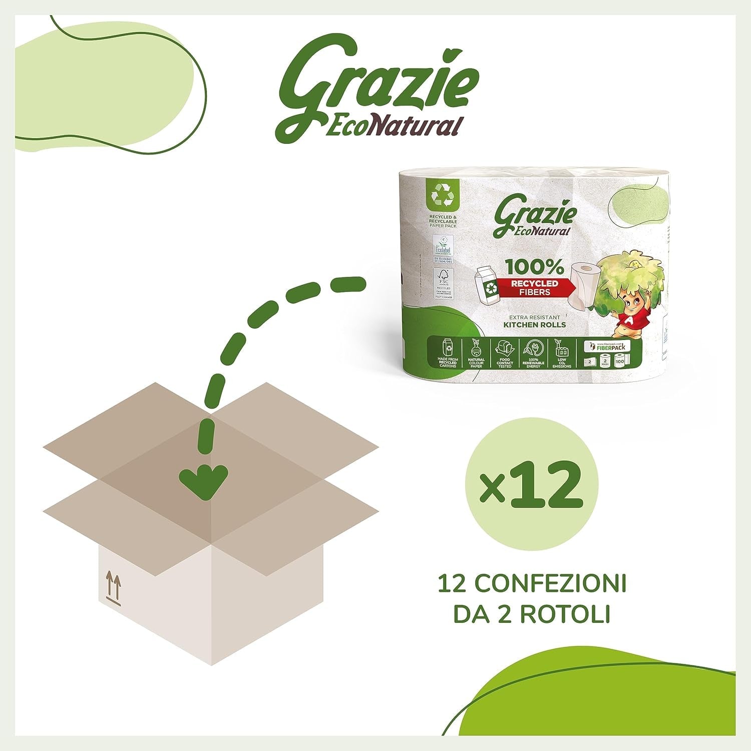 Grazie Natural, hârtie igienică Maxi Ecol FSC Paperpack, 12 role, testată dermatologic, hârtie igienică 100% reciclată, ecologică, fabricată în Italia