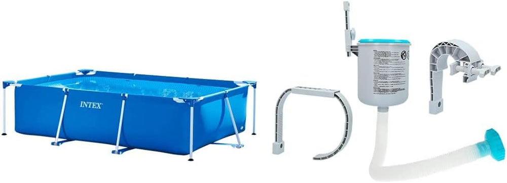 Basen z prostokątną ramą - Aufstellpool, Blau - 220 x 150 x 60 cm i Oberflächenskimmer - Deluxe Oberflächenskimmer zur Wandmontage - Hängeskimmer, szary
