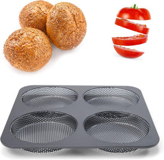 Hamburgerbrötchen, Perforiert, Antihaftbeschichte, 4 Runde Mulden Mit Je 12 Cm, Pfannengröße 28 X 28 Cm, 2,5 Cm Tief, Mittelgroß, Schwarz Formy i blachy do pieczenia Naty Shop