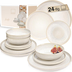 SÄNGER | Set de veselă Corfu cu 24 de piese, serviciu de cină pentru 8 persoane, ceramică lucrată manual, set de farfurii care include farfurii de cină, farfurii de desert și farfurii de sumă, veselă de culoare crem cu textură nisipoasă