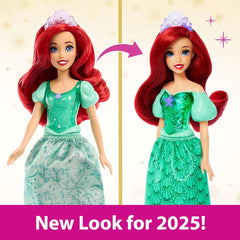 Păpușa Mattel Disney Prințesa Ariel, păr lung pentru coafat, poziționabilă, pantofi și diademă detașabile, cadouri Disney, jucărie pentru vârste de la 3 ani în sus, HLW10