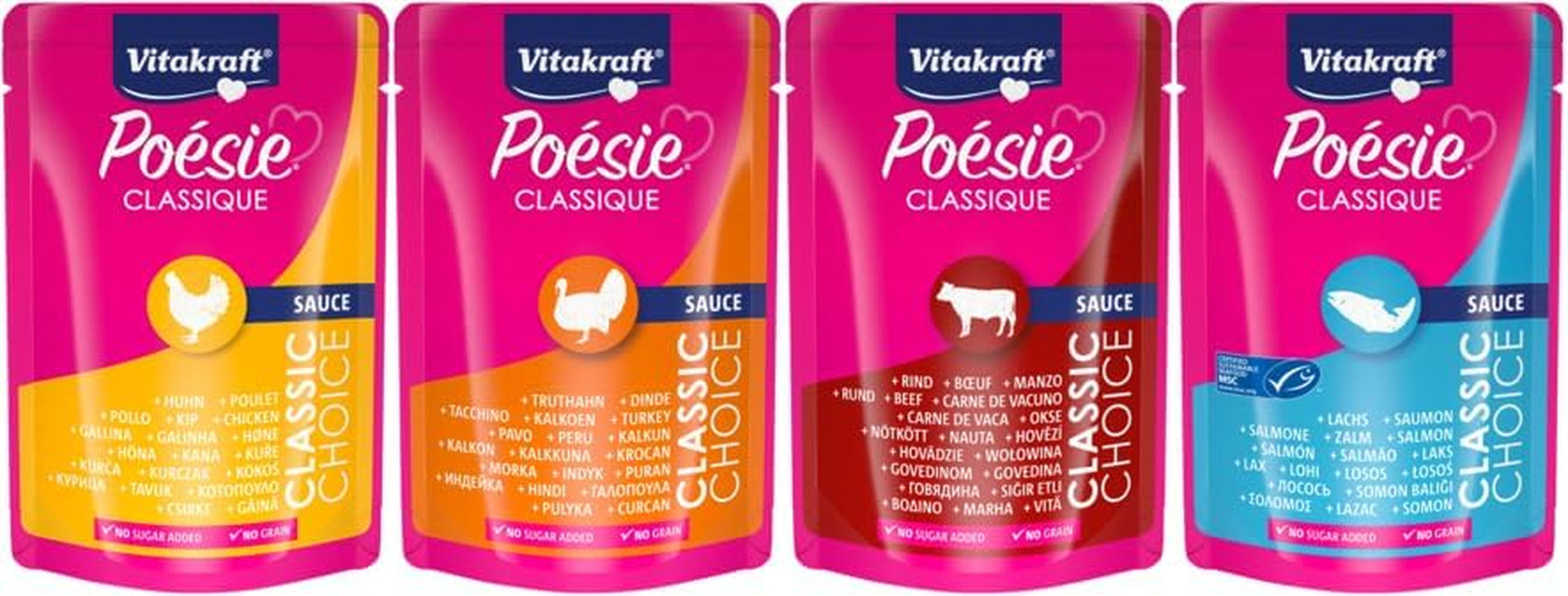 Vitakraft Poésie Classique, hrană umedă pentru pisici, hrană umedă în sos, cu pui, cu curcan, cu vită, cu somon, fără adaos de zahăr și cereale (1 pachet de 12X 85G)