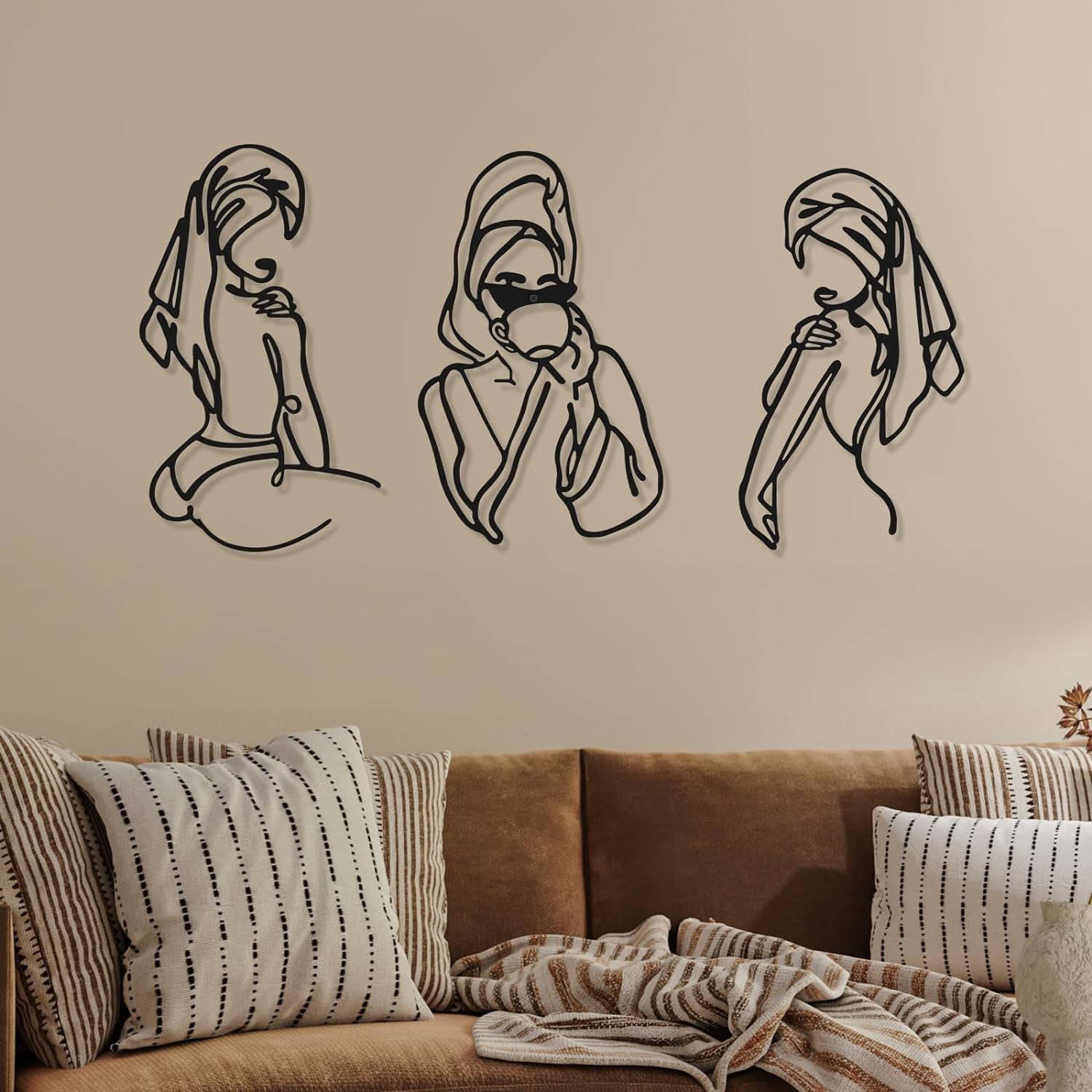 3 bucăți Metal Minimalist Woman Wall Art Deco Modern Metal Abstract Woman Wall Art Female Single Line Line Drawings to Hang for Living Room (negru, modern) Statuete si sculpturi Naty Shop Negru 35L X 25B Cm