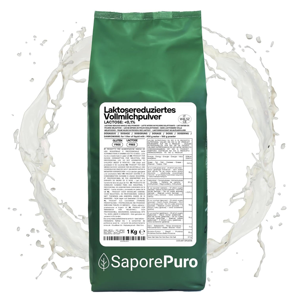 Laktosefreies Vollmilchpulver 1 kg | Hohe Löslichkeit | Idealny do wypieków, chleba i żywności. Do użytku profesjonalnego i przemysłowego. Nie zawiera laktozy. Nie zawiera glutenu