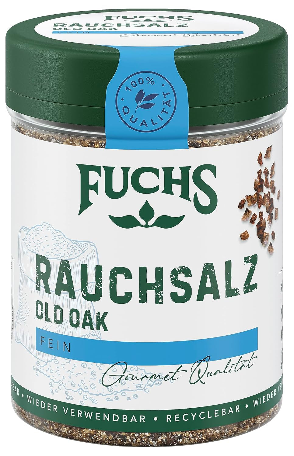 Fuchs Gewürze - Rauchsalz "Old Oak" - über Eichenholz geräuchert, rauchiger Gesmack für Grillfleisch oder Fisch - natürliche Składnik - 100 g w wiederverwendbarer, recyclebarer Dawka
